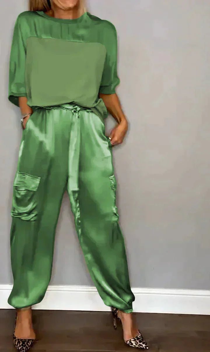 Genevieve | Luxurious Satin Half-Sleeve Two Piece Set