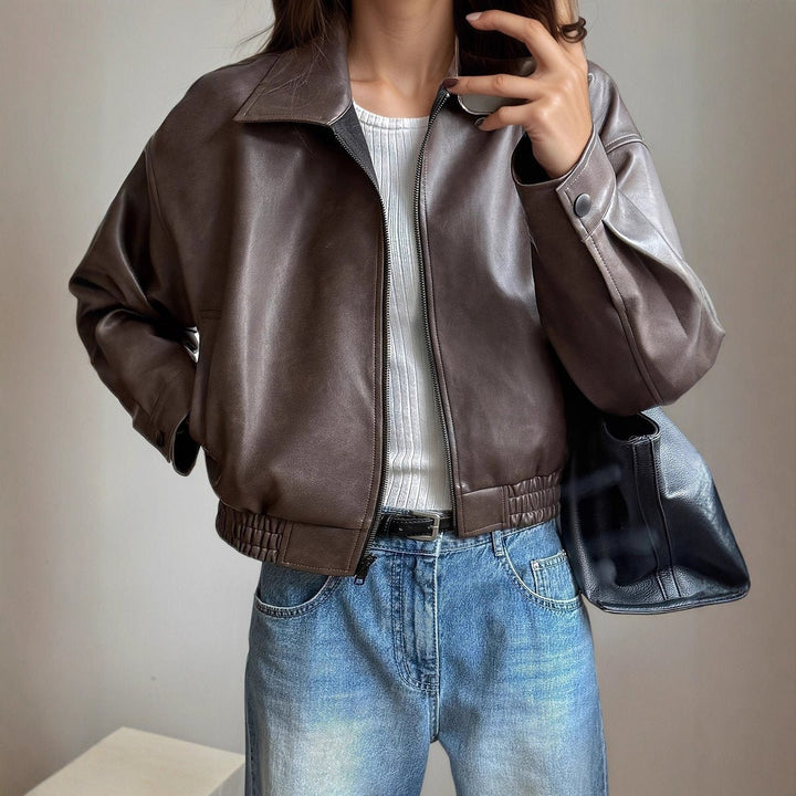 Ava | Zip-Up Faux Leather Bomber Jacket – Relaxed Fit for Women