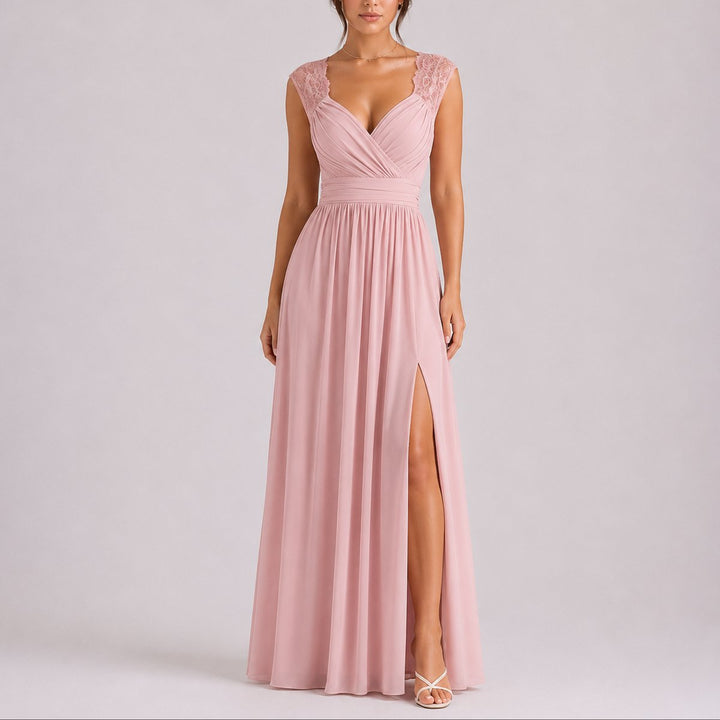 Isabella | Elegant Fall Wedding Lace Shoulder Wrap Maxi Dress