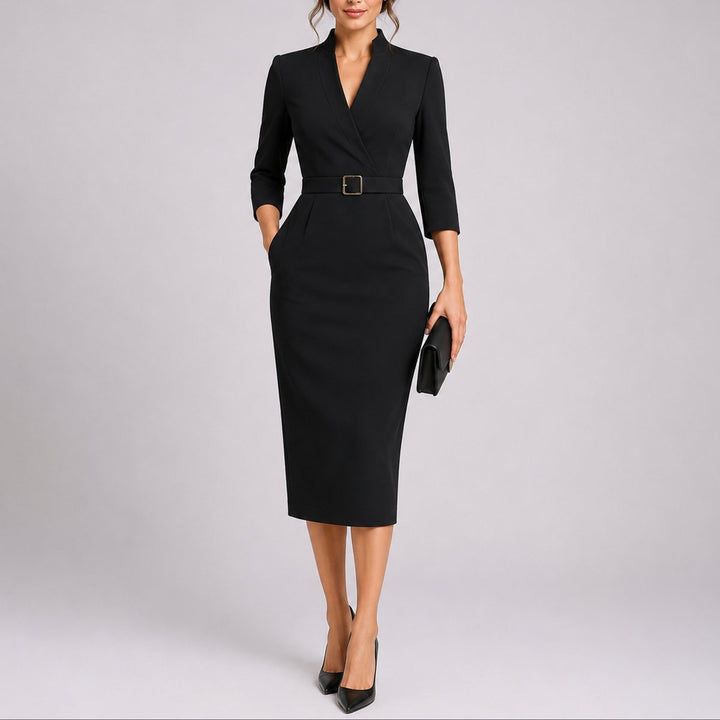Grace | Trendy Fall Wedding Belted V-Neck Bodycon Midi Dress