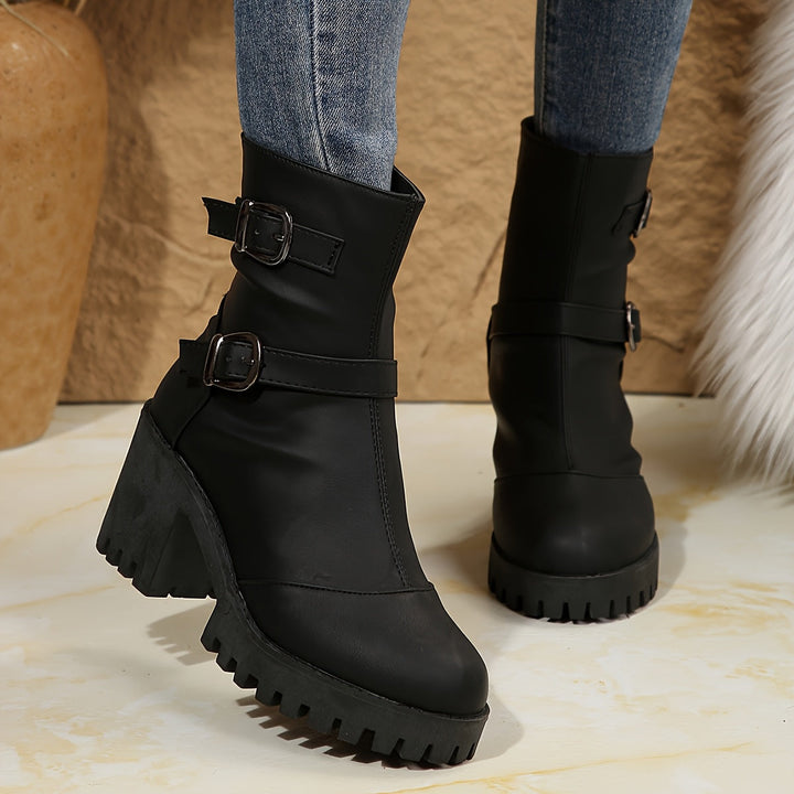 Olivia | Modern Block Heel Ankle Boots With Buckle Strap Details