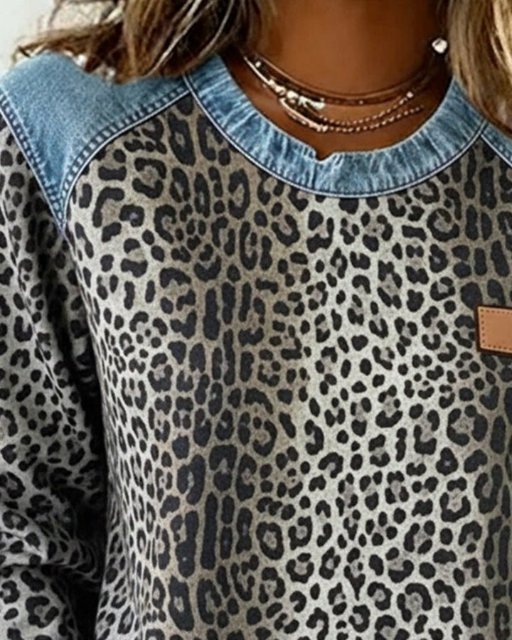 Leona | Sweaters – Stylish Leopard Print Denim Pullover