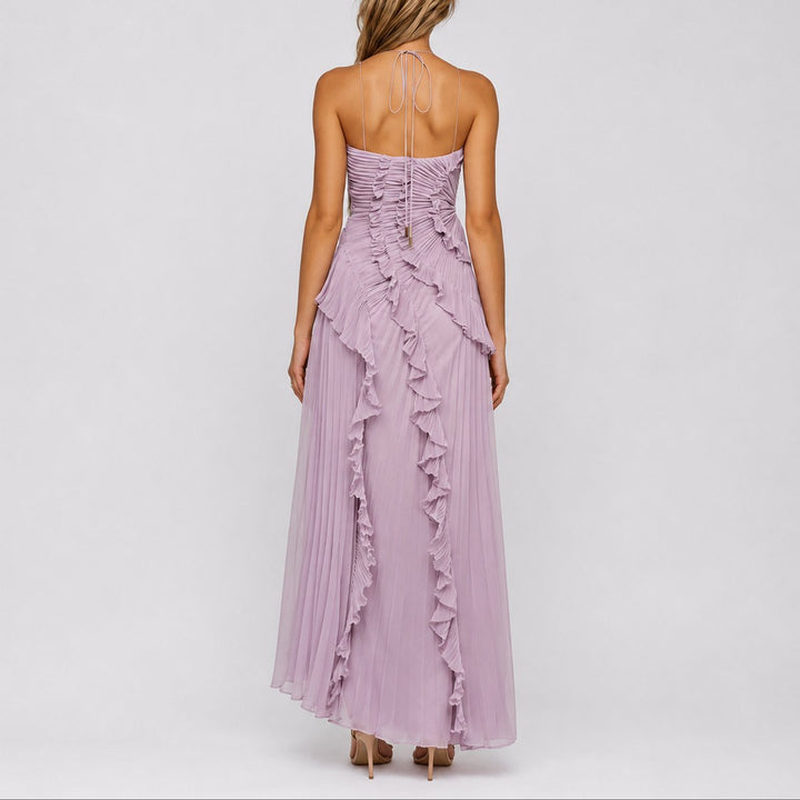 Beatrice | Fall Wedding Pleated Ruffle Halter Maxi Dress