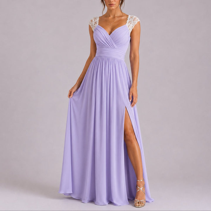 Isabella | Elegant Fall Wedding Lace Shoulder Wrap Maxi Dress