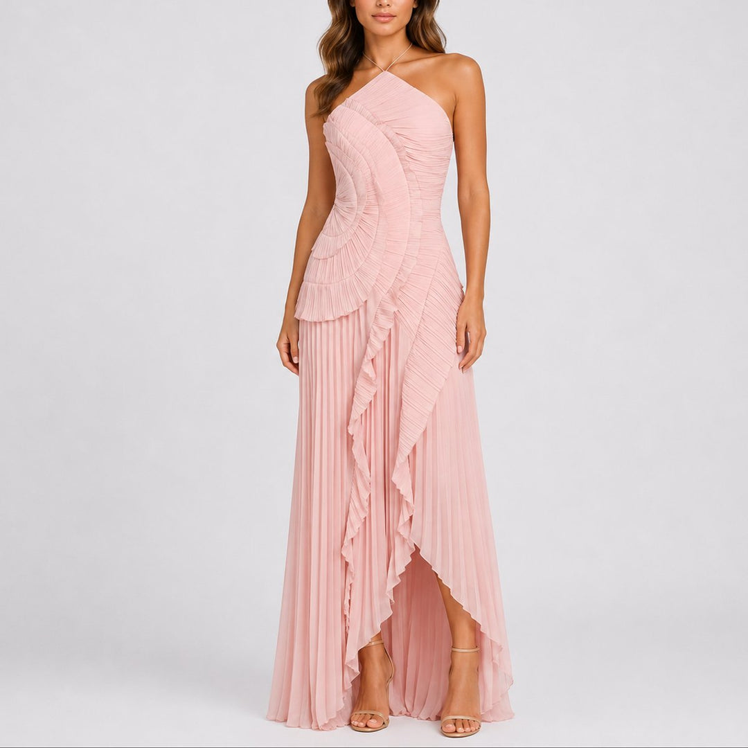Beatrice | Fall Wedding Pleated Ruffle Halter Maxi Dress