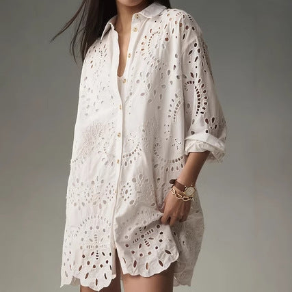 Camille | Breathable Eyelet Button-Down Tunic Shirt