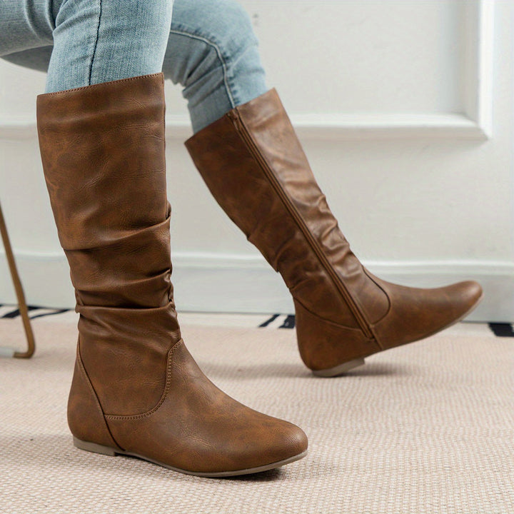 Birgit | Elegant Gathered Flat Knee High Boots