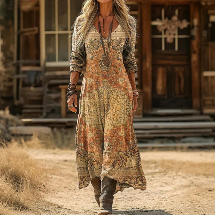 Isabella | Elegant Vintage Print Long-Sleeved Dress