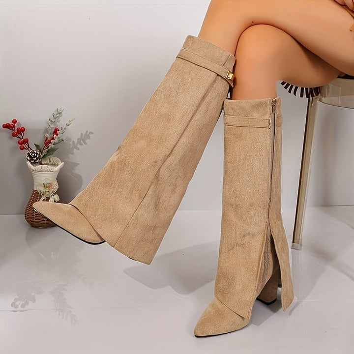 Stefanie | Elegant Buckle Cuff Suede Knee High Boots