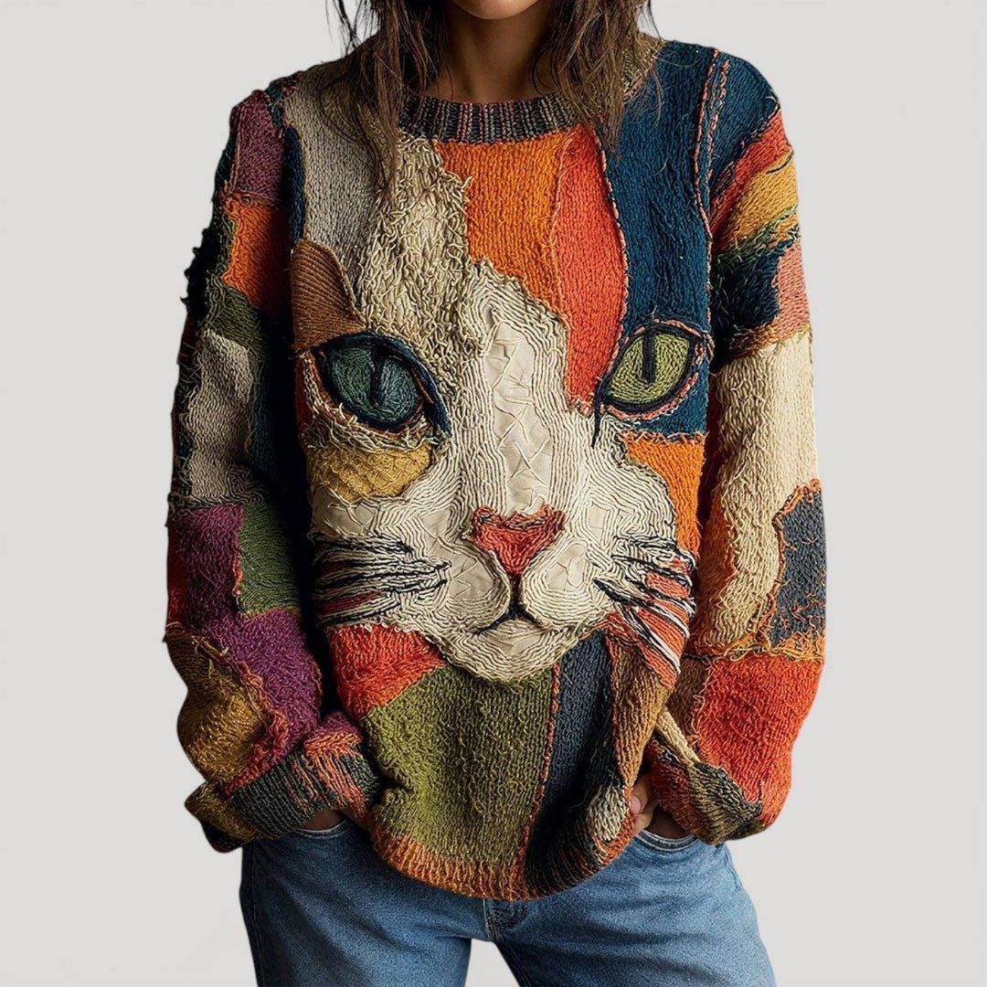 Annika | Knit Sweater – Colorful Cat Design for Women