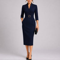 Grace | Trendy Fall Wedding Belted V-Neck Bodycon Midi Dress