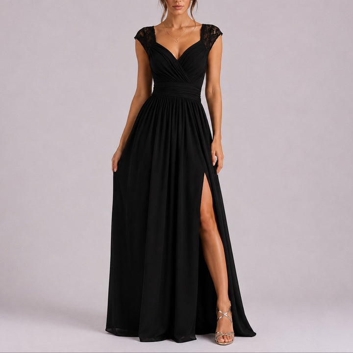 Isabella | Elegant Fall Wedding Lace Shoulder Wrap Maxi Dress