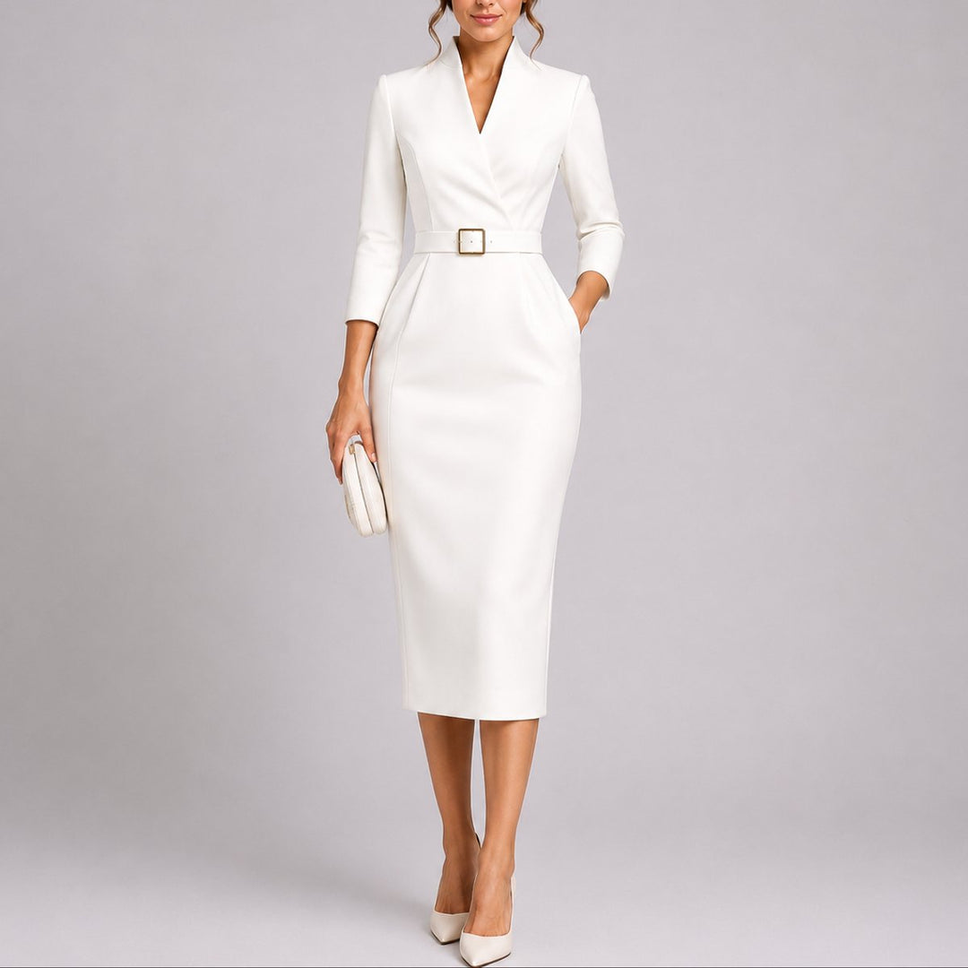 Grace | Trendy Fall Wedding Belted V-Neck Bodycon Midi Dress