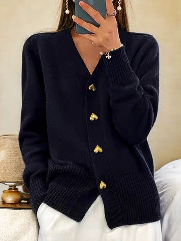 Chloe | Charming Heart-Button V-Neck Knit Cardigan