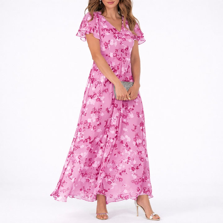 Annabelle | Fall Wedding Floral Chiffon Flutter Sleeve Maxi Dress