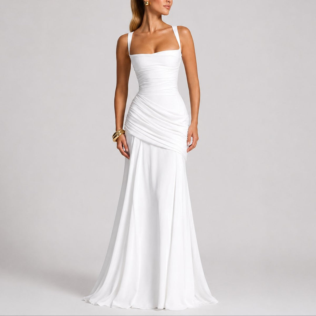 Victoria | Robe longue tendance froncée à col carré pour mariage d’automne