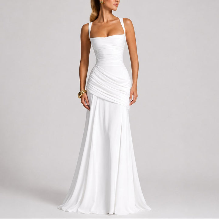 Victoria | Robe longue tendance froncée à col carré pour mariage d’automne