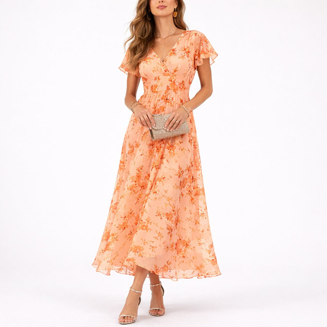 Annabelle | Fall Wedding Floral Chiffon Flutter Sleeve Maxi Dress