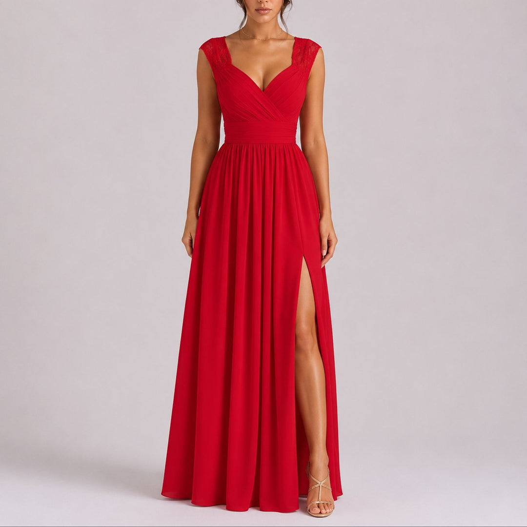 Isabella | Elegant Fall Wedding Lace Shoulder Wrap Maxi Dress