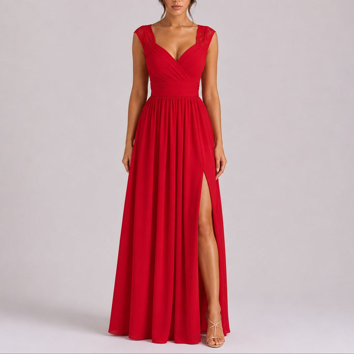 Isabella | Elegant Fall Wedding Lace Shoulder Wrap Maxi Dress