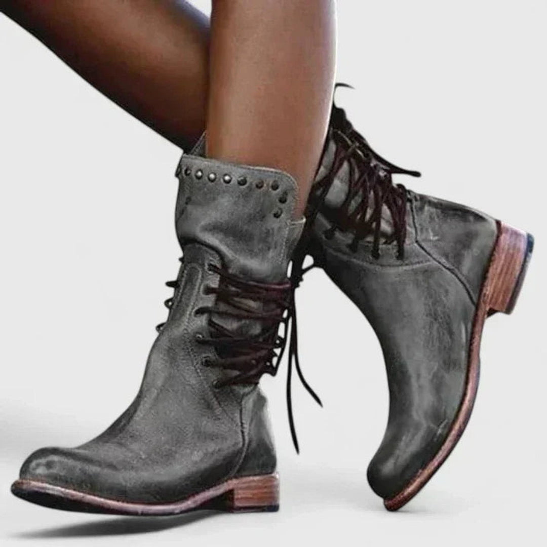 Ella | Vintage Lace-Up Studded Knee High Boots
